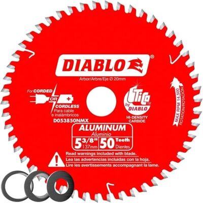 Diablo Saw Blade for Medium Aluminum 5-3/8" Diameter, 50 TCG Teeth, 20mm Arbor, .061" Kerf, -5° Hook Angle, .039" Plate, 14500 Max RPM D053850NMX Diablo Saw Blade for Medium Aluminum 5-3/8" Diameter, 50 TCG Teeth, 20mm Arbor, .061" Kerf, -5° Hook Angle, .039" Plate, 14500 Max RPM D053850NMX