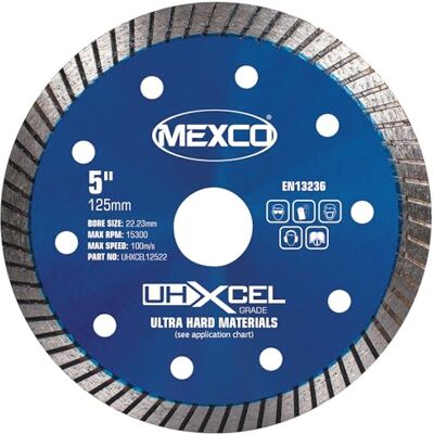Mexco UHX Ultra Hard Materials Diamond Blade, High-Performance, Precision Cutting Disc for Granite, Porcelain, Marble 125mm, 10mm Segment Height, 22.23mm Bore Mexco UHX Ultra Hard Materials Diamond Blade, High-Performance, Precision Cutting Disc for Granite, Porcelain, Marble 125mm, 10mm Segment Height, 22.23mm Bore