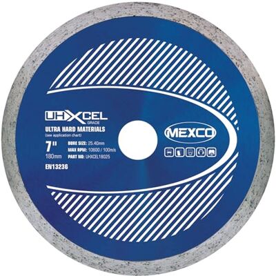 Mexco UHX Ultra Hard Materials Diamond Blade, High-Performance, Precision Cutting Disc for Granite, Porcelain, Marble 180mm, 10mm Segment Height, 25.4mm Bore Mexco UHX Ultra Hard Materials Diamond Blade, High-Performance, Precision Cutting Disc for Granite, Porcelain, Marble 180mm, 10mm Segment Height, 25.4mm Bore