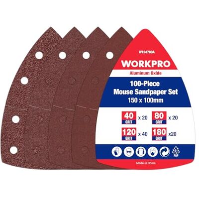 WORKPRO 100 pcs Mouse Sander Sheets, 15 x 10 mm Hook & Loop Sanding Sheets WORKPRO 100 pcs Mouse Sander Sheets, 15 x 10 mm Hook & Loop Sanding Sheets