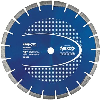 Mexco TPX90 Tri-Purpose Diamond Blade, Superior Multi-Material Cutting Disc for Concrete, Asphalt, Slate, Brick 300mm, 12mm Segment Height Mexco TPX90 Tri-Purpose Diamond Blade, Superior Multi-Material Cutting Disc for Concrete, Asphalt, Slate, Brick 300mm, 12mm Segment Height