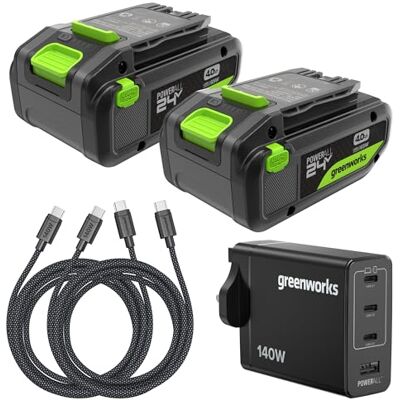 Greenworks 2 Pack 24V 4Ah High Power USB-C Battery & 65W USB-C Charger & 100W cable, Li-Ion Battery Suitable for all 200+ 24V devices, 2-year warranty K2D8DEA Greenworks 2 Pack 24V 4Ah High Power USB-C Battery & 65W USB-C Charger & 100W cable, Li-Ion Battery Suitable for all 200+ 24V devices, 2-year warranty K2D8DEA