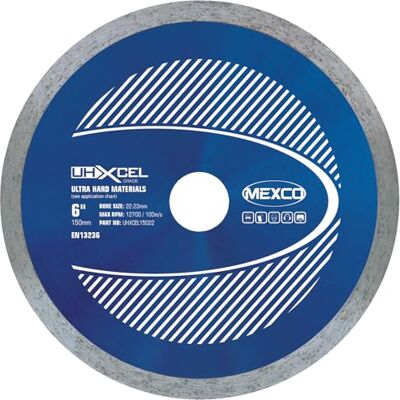 Mexco UHX Ultra Hard Materials Diamond Blade, High-Performance, Precision Cutting Disc for Granite, Porcelain, Marble 150mm, 10mm Segment Height, 22.23mm Bore Mexco UHX Ultra Hard Materials Diamond Blade, High-Performance, Precision Cutting Disc for Granite, Porcelain, Marble 150mm, 10mm Segment Height, 22.23mm Bore
