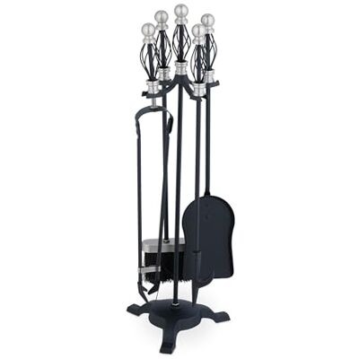 Relaxdays Fireplace Tool Set, 5-pieces, Poker, Ash Shovel, Broom, Stand, Tongs, Iron, Sturdy Base, Baroque, Black/Silver Relaxdays Fireplace Tool Set, 5-pieces, Poker, Ash Shovel, Broom, Stand, Tongs, Iron, Sturdy Base, Baroque, Black/Silver