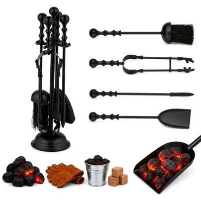 Relaxdays Fireplace Tools 5-piece Set, Poker, Ash Shovel, Broom, Tongs & Stand, Chimney Accessories, 41 x 11.5 cm, Black Relaxdays Fireplace Tools 5-piece Set, Poker, Ash Shovel, Broom, Tongs & Stand, Chimney Accessories, 41 x 11.5 cm, Black