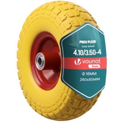 VOUNOT ® Puncture-Proof 3.5-4 PU Wheelbarrow Wheel 260x85mm, 16mm Bore, with Needle Bearings for Hand Trucks, Carts, and Garden Trailers, Yellow VOUNOT ® Puncture-Proof 3.5-4 PU Wheelbarrow Wheel 260x85mm, 16mm Bore, with Needle Bearings for Hand Trucks, Carts, and Garden Trailers, Yellow