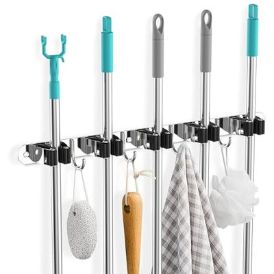 Cheerhom Broom Holder Wall with 5 Holders + 4 Hooks, Self-Adhesive Broom Holder, Stainless Steels, Wall Mount Broom Wall Mounted Garden Tool Holder for Kitchens, Bathrooms, Gardens Cheerhom Broom Holder Wall with 5 Holders + 4 Hooks, Self-Adhesive Broom Holder, Stainless Steels, Wall Mount Broom Wall Mounted Garden Tool Holder for Kitchens, Bathrooms, Gardens