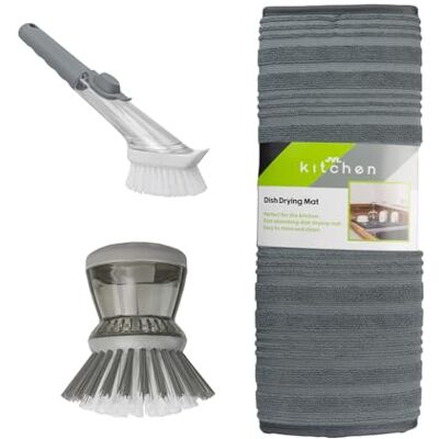 JVL Sesha Dish Drying Mat, Soap Dispensing Dish Brush with Refill Head & Soap Dispensing Scrubbing Brush – Kitchen Sink Draining Mat Cleaning Set JVL Sesha Dish Drying Mat, Soap Dispensing Dish Brush with Refill Head & Soap Dispensing Scrubbing Brush – Kitchen Sink Draining Mat Cleaning Set