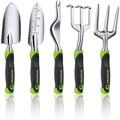 WORKPRO 5 Pcs Gardening Tools Cast Aluminum Garden Set with Fork, Weeder, Claw, Trower, Soil Shovel for Gardener WORKPRO 5 Pcs Gardening Tools Cast Aluminum Garden Set with Fork, Weeder, Claw, Trower, Soil Shovel for Gardener