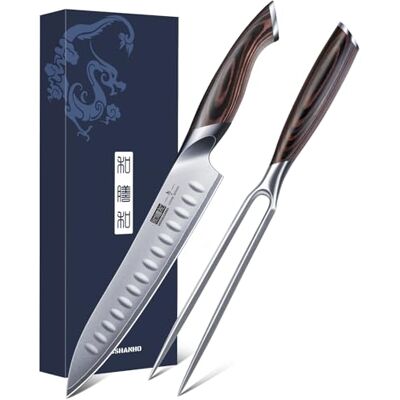 HOSHANHO 8 Inch Carving Knife & 7 Inch Fork Set, Razor Sharp Slicing Knife Professional Japanese High Carbon Steel Butcher Brisket Slicing Knife Set for Meat Cutting, BBQ, Ergonomic Handle, Gifts HOSHANHO 8 Inch Carving Knife & 7 Inch Fork Set, Razor Sharp Slicing Knife Professional Japanese High Carbon Steel Butcher Brisket Slicing Knife Set for Meat Cutting, BBQ, Ergonomic Handle, Gifts