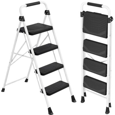 SONGMICS 4 Step Ladder, Folding Step Ladder, 150 kg Capacity, Anti-Slip Foldable Step Stool Steel Stepladder for Home/DIY/Gardening, 123.4 x 40.5 x 6.5 cm, White, Brody Collection GSL304WZ01 SONGMICS 4 Step Ladder, Folding Step Ladder, 150 kg Capacity, Anti-Slip Foldable Step Stool Steel Stepladder for Home/DIY/Gardening, 123.4 x 40.5 x 6.5 cm, White, Brody Collection GSL304WZ01