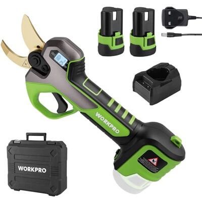 WORKPRO 12 V Cordless Electric Pruning Shears with Storage Case SK5 Blade, 2 Switchable Cutting Ranges, 2-Pack 2000 mAh Battery, Brushless Motor, Quiet Operation, LCD Display, Labor-saving WORKPRO 12 V Cordless Electric Pruning Shears with Storage Case SK5 Blade, 2 Switchable Cutting Ranges, 2-Pack 2000 mAh Battery, Brushless Motor, Quiet Operation, LCD Display, Labor-saving