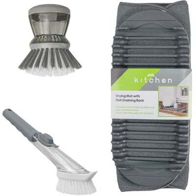 JVL Sesha Dish Drying Mat with Rack, Soap Dispensing Dish Brush with Refill Head & Scrubbing Brush – Kitchen Sink Drainer Mat & Washing Up Cleaning Bundle JVL Sesha Dish Drying Mat with Rack, Soap Dispensing Dish Brush with Refill Head & Scrubbing Brush – Kitchen Sink Drainer Mat & Washing Up Cleaning Bundle