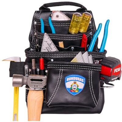 FESA Leather Tool Bag 10 Full Grain Leather Pockets with 2 Hammer Buckles, Large and Small Pockets Fits Work Belts Up to 3 in Handmade Country Pattern FESA Leather Tool Bag 10 Full Grain Leather Pockets with 2 Hammer Buckles, Large and Small Pockets Fits Work Belts Up to 3 in Handmade Country Pattern