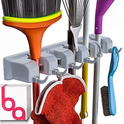 Berry Ave Broom Holder Wall Mount and Garden Tool Organizer, Closet Storage, Kitchen Rack, Home Organization and Garage Organizer for Rake or Mop Handles Up to 1.25-Inches, Hanger Plus 6 Hooks (Grey) Berry Ave Broom Holder Wall Mount and Garden Tool Organizer, Closet Storage, Kitchen Rack, Home Organization and Garage Organizer for Rake or Mop Handles Up to 1.25-Inches, Hanger Plus 6 Hooks (Grey)