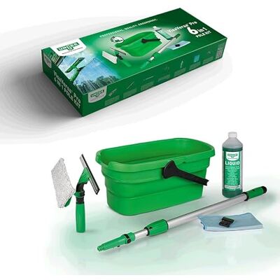 Unger 6-Piece Professional Window Cleaning Kit with Squeegee, Pole & Bucket Complete professional window cleaning kit with squeegee, washer, pole, scraper, cloth, liquid and collapsible bucket. Unger 6-Piece Professional Window Cleaning Kit with Squeegee, Pole & Bucket Complete professional window cleaning kit with squeegee, washer, pole, scraper, cloth, liquid and collapsible bucket.