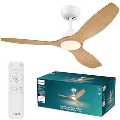 Philips Olas Ceiling Fan with LED Light, 3 Blades, 132 cm Diameter, 2650 Lumens, Tunable White Light from 3000 K to 6500 K, Dimmable to 5%, Remote Control Included, White/Wood Philips Olas Ceiling Fan with LED Light, 3 Blades, 132 cm Diameter, 2650 Lumens, Tunable White Light from 3000 K to 6500 K, Dimmable to 5%, Remote Control Included, White/Wood