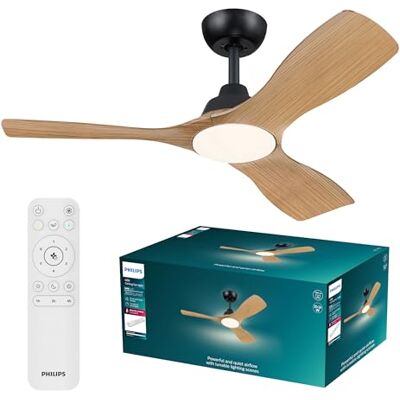 Philips Olas Ceiling Fan with LED Light, 3 Blades, 107 cm Diameter, 2650 Lumens, Tunable White Light from 3000 K to 6500 K, Dimmable to 5%, Remote Control Included, Black/Wood Philips Olas Ceiling Fan with LED Light, 3 Blades, 107 cm Diameter, 2650 Lumens, Tunable White Light from 3000 K to 6500 K, Dimmable to 5%, Remote Control Included, Black/Wood