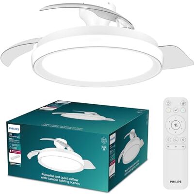 Philips Bliss Retractable-Blade Ceiling Fan with LED Light, 3 Blades, 106 cm Wingspan, 4500 Lumens, Tunable White Light from 3000 K to 6500 K, Dimmable to 5%, Remote Control Included, White Philips Bliss Retractable-Blade Ceiling Fan with LED Light, 3 Blades, 106 cm Wingspan, 4500 Lumens, Tunable White Light from 3000 K to 6500 K, Dimmable to 5%, Remote Control Included, White