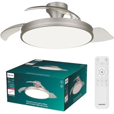 Philips Atlas Retractable-Blade Ceiling Fan with LED Light, 3 Blades, 106 cm Blade Wingspan, 4500 Lumens, Tunable White Light from 3000 K to 6500 K, Dimmable to 5%, Remote Control Included, Nickel Philips Atlas Retractable-Blade Ceiling Fan with LED Light, 3 Blades, 106 cm Blade Wingspan, 4500 Lumens, Tunable White Light from 3000 K to 6500 K, Dimmable to 5%, Remote Control Included, Nickel
