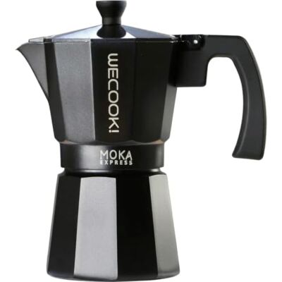 WECOOK! Bella Aluminium Stovetop Espresso Moka Pot, Black, 12 Cups (580 ml) Silicone gasket & safety valve, Bakelite handle, soft-touch finish, Gas, electric & ceramic hobs, not induction WECOOK! Bella Aluminium Stovetop Espresso Moka Pot, Black, 12 Cups (580 ml) Silicone gasket & safety valve, Bakelite handle, soft-touch finish, Gas, electric & ceramic hobs, not induction