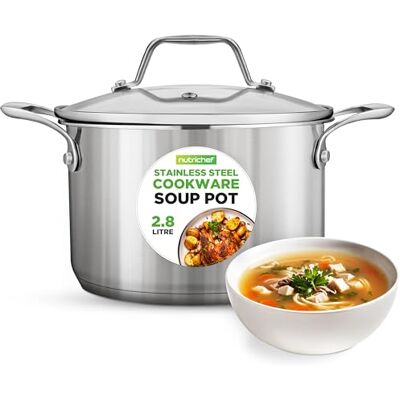 NutriChef Stainless Steel Stock Pot 2.8 Litre with Glass Lid – Small Soup Pot for Induction, Gas, Ceramic and Electric Hobs, Siliver NutriChef Stainless Steel Stock Pot 2.8 Litre with Glass Lid – Small Soup Pot for Induction, Gas, Ceramic and Electric Hobs, Siliver