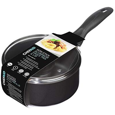 Chef Aid Sauce Pan, 16 Cm Aluminium Pan with Glass Lid and Stay Cool Handle, Built in Ventilation Steam Vent, for Use On Gas, Electric and Ceramic Hobs, Black Chef Aid Sauce Pan, 16 Cm Aluminium Pan with Glass Lid and Stay Cool Handle, Built in Ventilation Steam Vent, for Use On Gas, Electric and Ceramic Hobs, Black