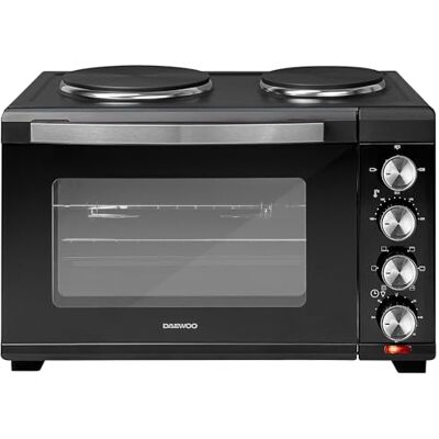 Daewoo Mini Countertop Electric Cooker, 42 Litre Oven And Grill With Hot Plates, 100-230° Adjustable Heat Settings, 90 Minute Timer And Indicator Light. Accessories Included Daewoo Mini Countertop Electric Cooker, 42 Litre Oven And Grill With Hot Plates, 100-230° Adjustable Heat Settings, 90 Minute Timer And Indicator Light. Accessories Included