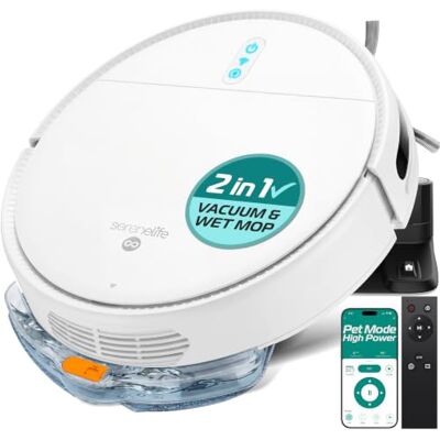 SereneLife Robot Vacuum Cleaner and Mop, Automatic Smart Vacuum with App Control, Powerful Suction, 3 Cleaning Modes, Auto Recharge, Dual Side Brushes, For Floors, Carpets & Pet Hair White SereneLife Robot Vacuum Cleaner and Mop, Automatic Smart Vacuum with App Control, Powerful Suction, 3 Cleaning Modes, Auto Recharge, Dual Side Brushes, For Floors, Carpets & Pet Hair White