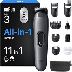 Braun Series 3 All-in-One Trimmer for Men, AIO3565, Grey 11-in-1 Beard, Face, Hair, Body & Nose Grooming Kit, Ultra Sharp Blade, 14 Length Settings, Washable Heads, 50 min Cordless Use Braun Series 3 All-in-One Trimmer for Men, AIO3565, Grey 11-in-1 Beard, Face, Hair, Body & Nose Grooming Kit, Ultra Sharp Blade, 14 Length Settings, Washable Heads, 50 min Cordless Use