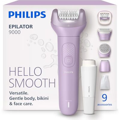 Philips Epilator Series 9000 Cordless Wet and Dry Electric Epilator, Hair Removal for Body, Face and Bikini, with ProGuide, 9 Accessories, 60 min. Runtime, Model BRE729/00 Philips Epilator Series 9000 Cordless Wet and Dry Electric Epilator, Hair Removal for Body, Face and Bikini, with ProGuide, 9 Accessories, 60 min. Runtime, Model BRE729/00