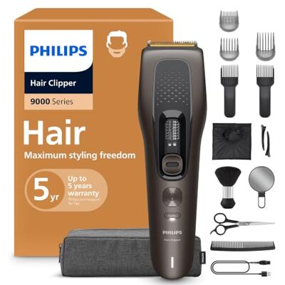 Philips Hair Clipper 9000 Series − Hair Trimmer for Men & Women, Self-Sharpening Blades, 28 Length Settings in 1 mm Steps, Trim and Flow Comb, Up to 180 Min. Runtime, 5-piece Barber Kit, HC9723/15 Philips Hair Clipper 9000 Series − Hair Trimmer for Men & Women, Self-Sharpening Blades, 28 Length Settings in 1 mm Steps, Trim and Flow Comb, Up to 180 Min. Runtime, 5-piece Barber Kit, HC9723/15