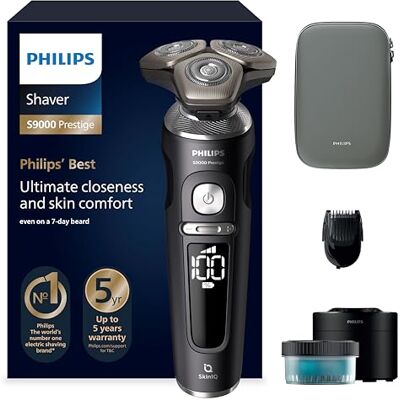 Philips Shaver Series 9000 Prestige, Wet and Dry Electric Shaver, Black Matte, Razor with Lift & Cut Shaving System, SkinIQ Technology, Beard Styler, Cleaning Pod, Premium Pouch, Model SP9840/31 Philips Shaver Series 9000 Prestige, Wet and Dry Electric Shaver, Black Matte, Razor with Lift & Cut Shaving System, SkinIQ Technology, Beard Styler, Cleaning Pod, Premium Pouch, Model SP9840/31