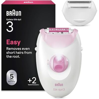 Braun Silk·épil 3, Corded Epilator, Easy Hair Removal, Lasting Smooth Skin, Includes Shaver Head and Trimmer Comb, 3-031, Pink Braun Silk·épil 3, Corded Epilator, Easy Hair Removal, Lasting Smooth Skin, Includes Shaver Head and Trimmer Comb, 3-031, Pink
