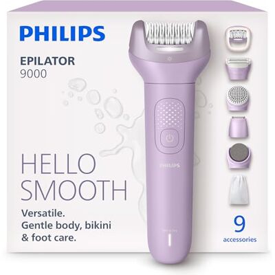 Philips Epilator Series 9000 Cordless Wet and Dry Electric Epilator, Hair Removal for Legs, Body and Bikini, with ProGuide, 9 Accessories Including Pedicure Head, 60 min. Runtime, Model BRE728/00 Philips Epilator Series 9000 Cordless Wet and Dry Electric Epilator, Hair Removal for Legs, Body and Bikini, with ProGuide, 9 Accessories Including Pedicure Head, 60 min. Runtime, Model BRE728/00