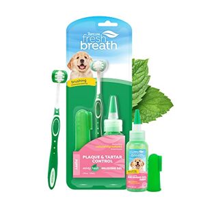 TropiClean Fresh Breath Puppy Teeth Cleaning Oral Care Kit - Breath Freshener Dental Care - Complete Dog Toothbrush Kit for Puppies - Helps Remove Plaque & Tartar, For Puppies, 59ml