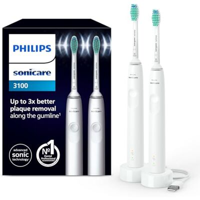 Philips Sonicare 3100 Electric Toothbrush, Sonic Toothbrush, Pressure Sensor and Timer, White, Dual Pack, Model HX3675/13 Philips Sonicare 3100 Electric Toothbrush, Sonic Toothbrush, Pressure Sensor and Timer, White, Dual Pack, Model HX3675/13