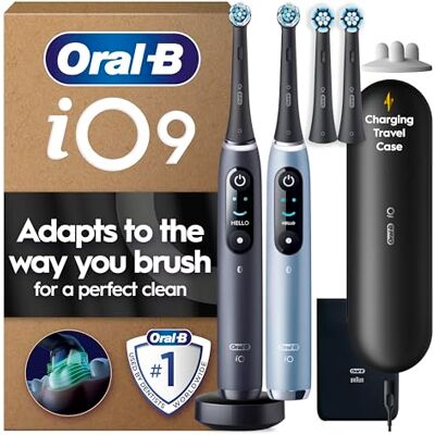 Oral-B iO9 Electric Toothbrushes for Adults, 2 Handles, Black Onyx & Sapphire Blue 4 Toothbrush Heads, Fast Magnetic Charger, Charging Travel Case, Charger Pouch, UK Two Pin Plug Oral-B iO9 Electric Toothbrushes for Adults, 2 Handles, Black Onyx & Sapphire Blue 4 Toothbrush Heads, Fast Magnetic Charger, Charging Travel Case, Charger Pouch, UK Two Pin Plug