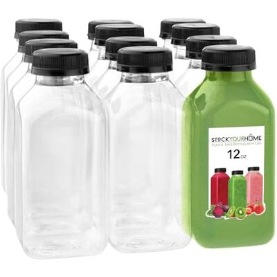 Stock Your Home 12 oz Juice Bottles with Caps for Juicing (12 pack) Reusable Clear Empty Plastic Water Bottles Drink Containers for Mini Fridge, Juicer Shots Includes Labels, Brush & Funnel Stock Your Home 12 oz Juice Bottles with Caps for Juicing (12 pack) Reusable Clear Empty Plastic Water Bottles Drink Containers for Mini Fridge, Juicer Shots Includes Labels, Brush & Funnel