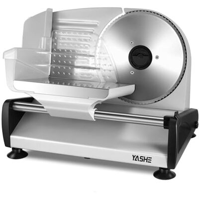 YASHE Electric Food Slicer, 150W Meat Slicer with Adjustable Thickness 0-15mm, Removable 19cm Stainless Steel Blades, Safety Lock, Suction Feet, for Meat, Cheese and Bread YASHE Electric Food Slicer, 150W Meat Slicer with Adjustable Thickness 0-15mm, Removable 19cm Stainless Steel Blades, Safety Lock, Suction Feet, for Meat, Cheese and Bread