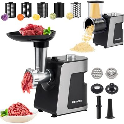 Parmedu Electric Cheese Grater & Meat Grinder: Electric Vegetable Cutter Electric Slicer Shredder Salad Maker Professional Meat Mincer with 2 Plates, Sausage Maker & Kibbe Kit(Total 12 Attachments) Parmedu Electric Cheese Grater & Meat Grinder: Electric Vegetable Cutter Electric Slicer Shredder Salad Maker Professional Meat Mincer with 2 Plates, Sausage Maker & Kibbe Kit(Total 12 Attachments)