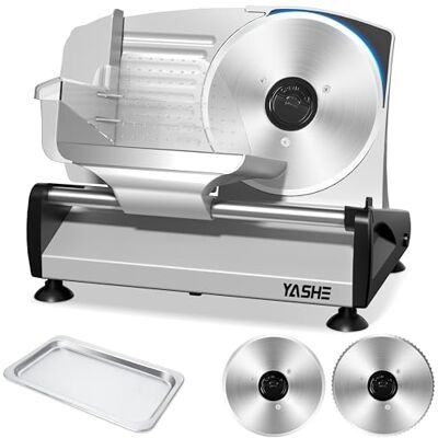 YASHE Meat Slicer with Quiet DC Motor, 200W Electric Deli Slicer, Removable Dual 19CM Stainless Steel Blades and Food Carriage, Child Lock Protection, 0-15mm Adjustable Thickness for Meat Cheese Bread YASHE Meat Slicer with Quiet DC Motor, 200W Electric Deli Slicer, Removable Dual 19CM Stainless Steel Blades and Food Carriage, Child Lock Protection, 0-15mm Adjustable Thickness for Meat Cheese Bread