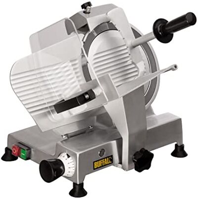 Buffalo Commercial Electric Meat Slicer 120W Anodised Aluminium, 250mm Includes a blade removal kit and built-in safety guards, with an easy-to-disassemble body for quick, hygienic cleaning. Buffalo Commercial Electric Meat Slicer 120W Anodised Aluminium, 250mm Includes a blade removal kit and built-in safety guards, with an easy-to-disassemble body for quick, hygienic cleaning.