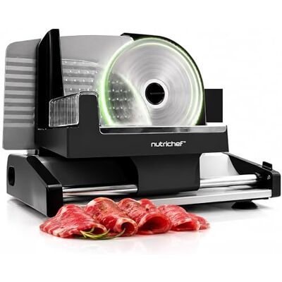 NutriChef Electric Meat Slicer – 200W Compact Deli and Bread Slicer with Adjustable Thickness Dial 0–15 mm, Removable Stainless Steel Blade, Countertop Food Slicer for Kitchens, Home NutriChef Electric Meat Slicer – 200W Compact Deli and Bread Slicer with Adjustable Thickness Dial 0–15 mm, Removable Stainless Steel Blade, Countertop Food Slicer for Kitchens, Home