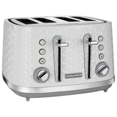 Morphy Richards Vector 4 Slice Toaster, High Gloss Geometric Design, Defrost and Reheat, Variable Width Slots, Removeable Crumb Tray, White, 248134 Morphy Richards Vector 4 Slice Toaster, High Gloss Geometric Design, Defrost and Reheat, Variable Width Slots, Removeable Crumb Tray, White, 248134