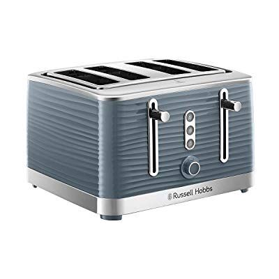 Russell Hobbs Inspire 4 Slice Toaster, Extra Wide Slots, 1800W, Grey High Lift Feature, Six Browning Levels, Frozen and Cancel and Reheat Function, Blue LED Illumination Russell Hobbs Inspire 4 Slice Toaster, Extra Wide Slots, 1800W, Grey High Lift Feature, Six Browning Levels, Frozen and Cancel and Reheat Function, Blue LED Illumination
