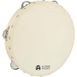 A-Star 10 Inch/25cm Handheld Headed Wooden Tambourine, Traditional Single Metal Jingle Bell Row Natural Head A-Star 10 Inch/25cm Handheld Headed Wooden Tambourine, Traditional Single Metal Jingle Bell Row Natural Head