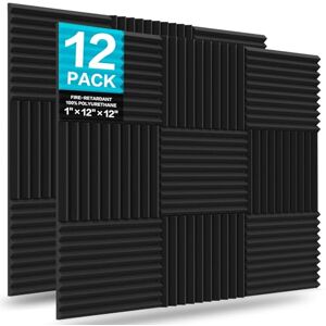 JBER 12 Pack Acoustic Foam Panels, 1" X 12" X 12" Studio Soundproofing Wedges Fire Resistant Sound Proof Padding Acoustic Treatment Foam (Black) JBER 12 Pack Acoustic Foam Panels, 1" X 12" X 12" Studio Soundproofing Wedges Fire Resistant Sound Proof Padding Acoustic Treatment Foam (Black)