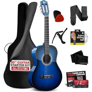 Pyle Beginner Acoustic Guitar Kit, 1/4 Junior Size All Wood Build Nylon Stringed Instrument with Capo, Strap, Extra String Set, Gig Bag, Guitars for Beginners Adults Youth, 30" Blue Burst Gloss Pyle Beginner Acoustic Guitar Kit, 1/4 Junior Size All Wood Build Nylon Stringed Instrument with Capo, Strap, Extra String Set, Gig Bag, Guitars for Beginners Adults Youth, 30" Blue Burst Gloss