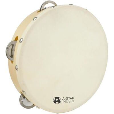 A-Star 8 Inch/20cm Handheld Headed Wooden Tambourine, Traditional Single Metal Jingle Bell Row Natural Head A-Star 8 Inch/20cm Handheld Headed Wooden Tambourine, Traditional Single Metal Jingle Bell Row Natural Head